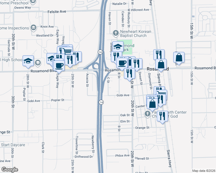 map of restaurants, bars, coffee shops, grocery stores, and more near C Street in Rosamond