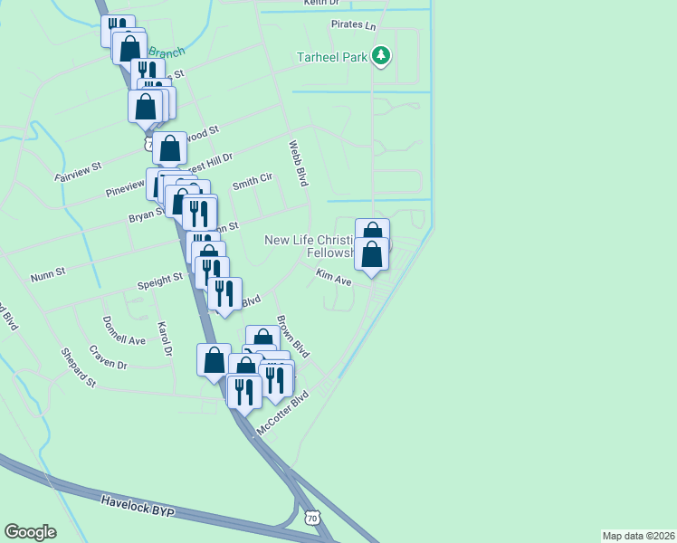 map of restaurants, bars, coffee shops, grocery stores, and more near 104 Verona Drive in Havelock
