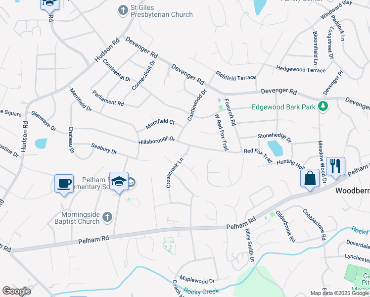 map of restaurants, bars, coffee shops, grocery stores, and more near 203 Hillsborough Drive in Greenville