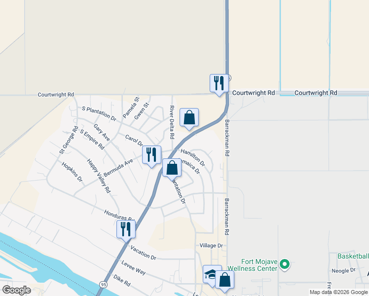 map of restaurants, bars, coffee shops, grocery stores, and more near Mohave Valley Hwy in Mohave Valley
