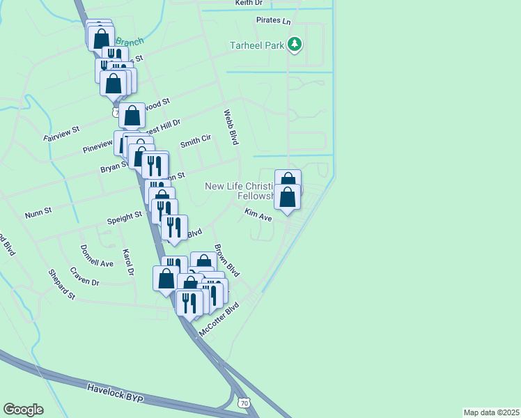 map of restaurants, bars, coffee shops, grocery stores, and more near 148 Witten Circle in Havelock