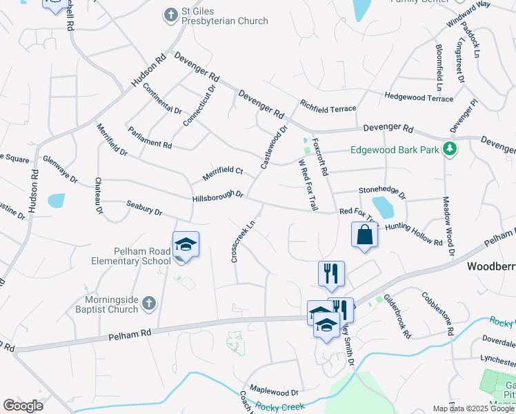 map of restaurants, bars, coffee shops, grocery stores, and more near 203 Hillsborough Drive in Greenville
