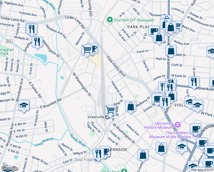 map of restaurants, bars, coffee shops, grocery stores, and more near 28 May Avenue in Greenville