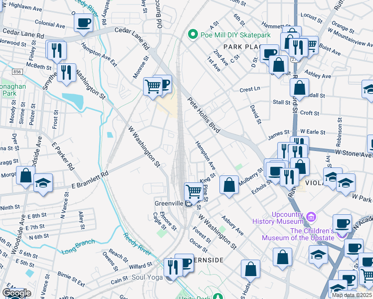 map of restaurants, bars, coffee shops, grocery stores, and more near 1103 Hampton Avenue in Greenville