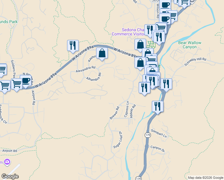 map of restaurants, bars, coffee shops, grocery stores, and more near 8 Camielle Court in Sedona
