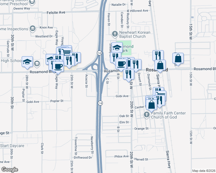 map of restaurants, bars, coffee shops, grocery stores, and more near C Street in Rosamond