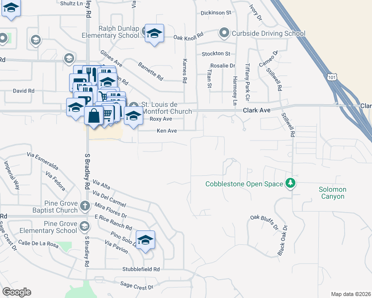 map of restaurants, bars, coffee shops, grocery stores, and more near 1294 Hollysprings Lane in Santa Maria