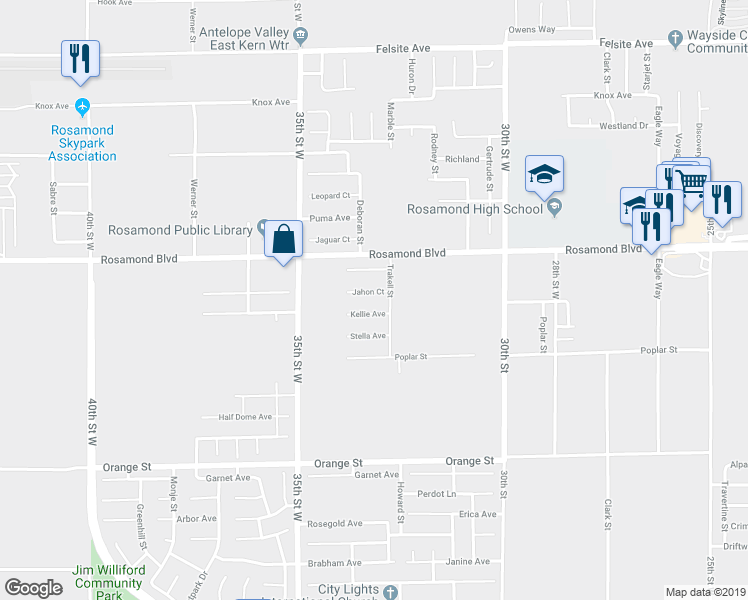 map of restaurants, bars, coffee shops, grocery stores, and more near 3312 Jahon Court in Rosamond