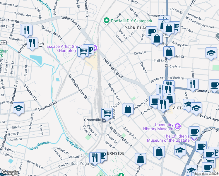 map of restaurants, bars, coffee shops, grocery stores, and more near 913 Hampton Avenue in Greenville