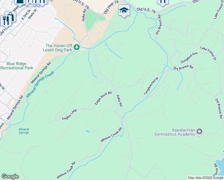 map of restaurants, bars, coffee shops, grocery stores, and more near 656 Aska Road in Blue Ridge