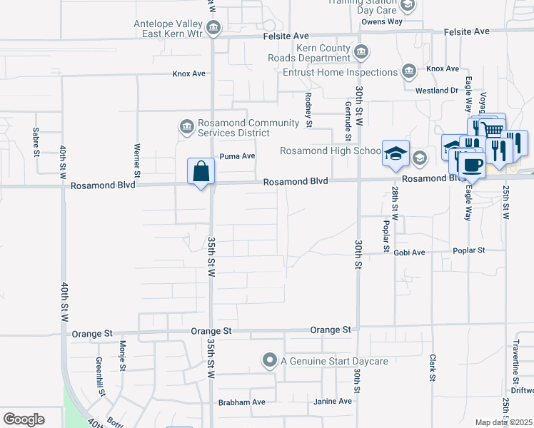 map of restaurants, bars, coffee shops, grocery stores, and more near 3312 Jahon Court in Rosamond
