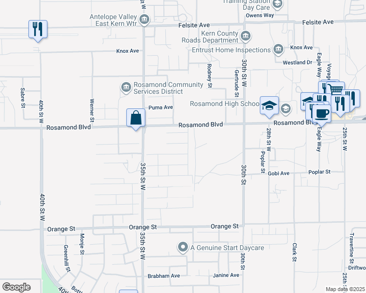 map of restaurants, bars, coffee shops, grocery stores, and more near 3306 Jahon Court in Rosamond