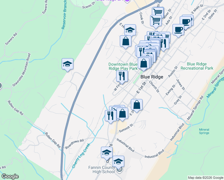 map of restaurants, bars, coffee shops, grocery stores, and more near 810 West First Street in Blue Ridge