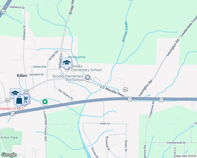 map of restaurants, bars, coffee shops, grocery stores, and more near 131 Simpson Street in Killen