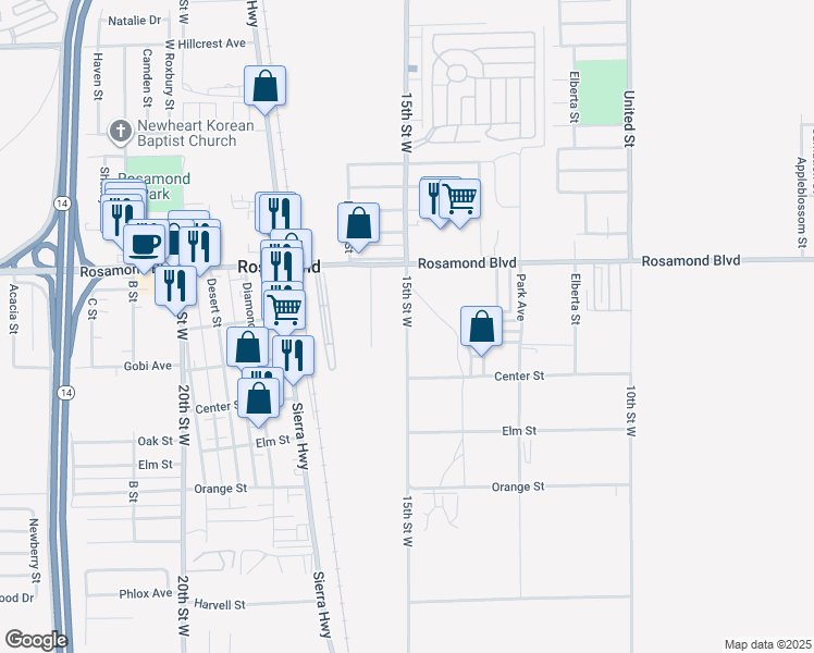 map of restaurants, bars, coffee shops, grocery stores, and more near 15th Street West in Rosamond