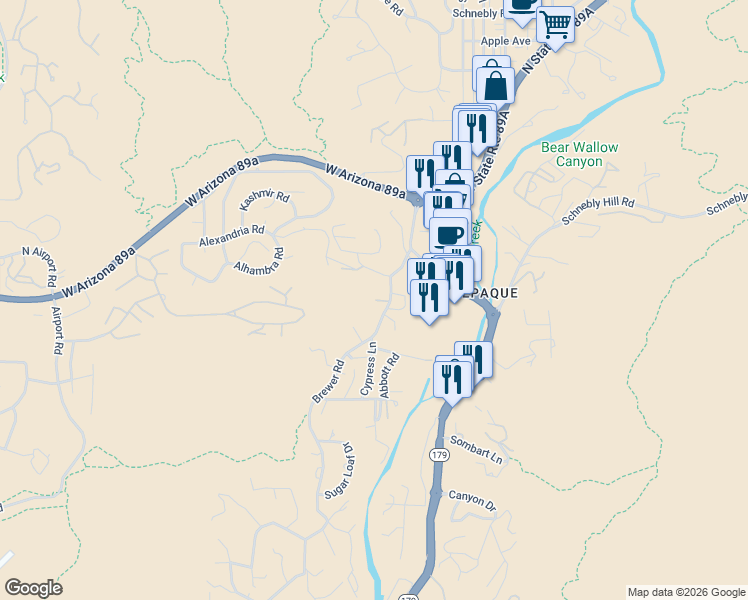 map of restaurants, bars, coffee shops, grocery stores, and more near 221 Brewer Road in Sedona
