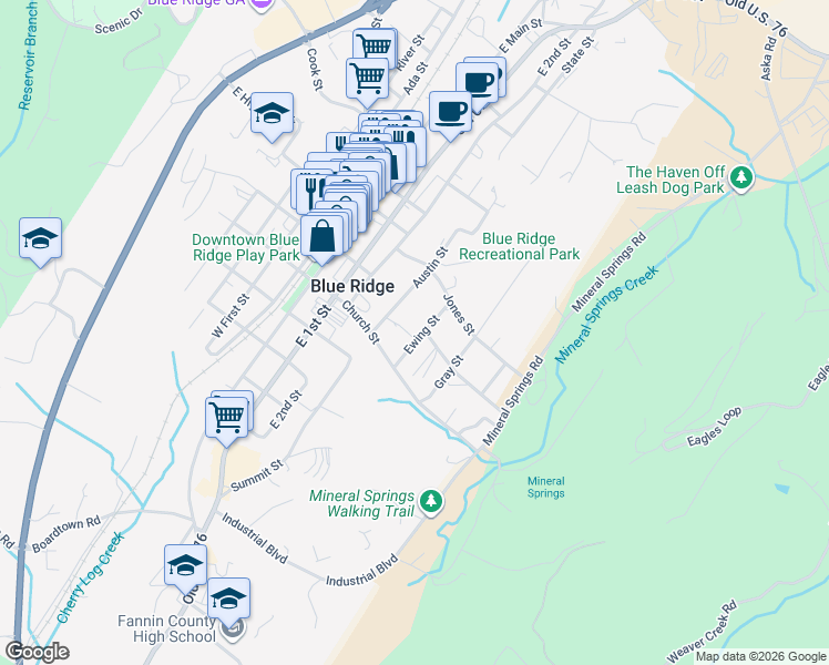 map of restaurants, bars, coffee shops, grocery stores, and more near 7 Ewing Street in Blue Ridge