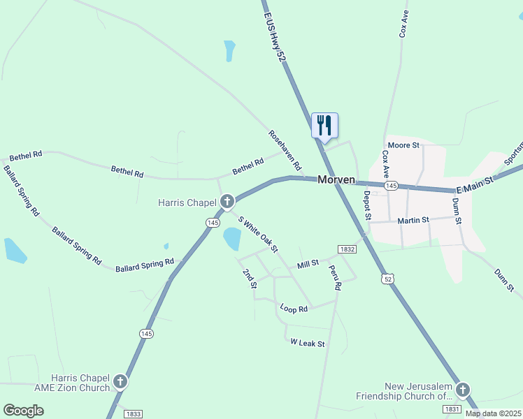 map of restaurants, bars, coffee shops, grocery stores, and more near 233 East Main Street in Morven