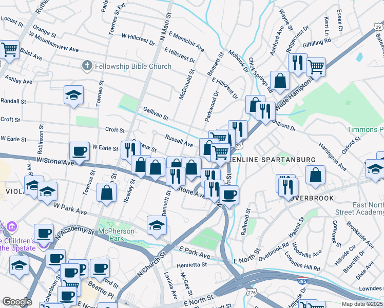 map of restaurants, bars, coffee shops, grocery stores, and more near 309 Cary Street in Greenville