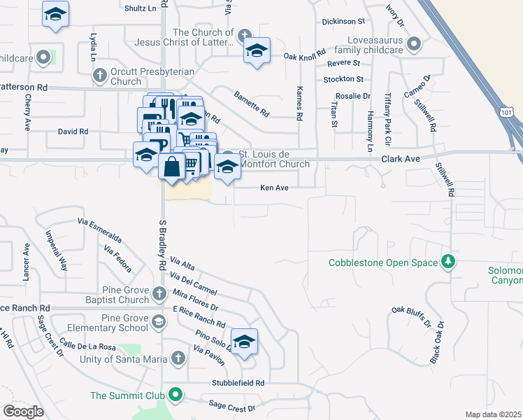 map of restaurants, bars, coffee shops, grocery stores, and more near 1258 Hollysprings Lane in Santa Maria
