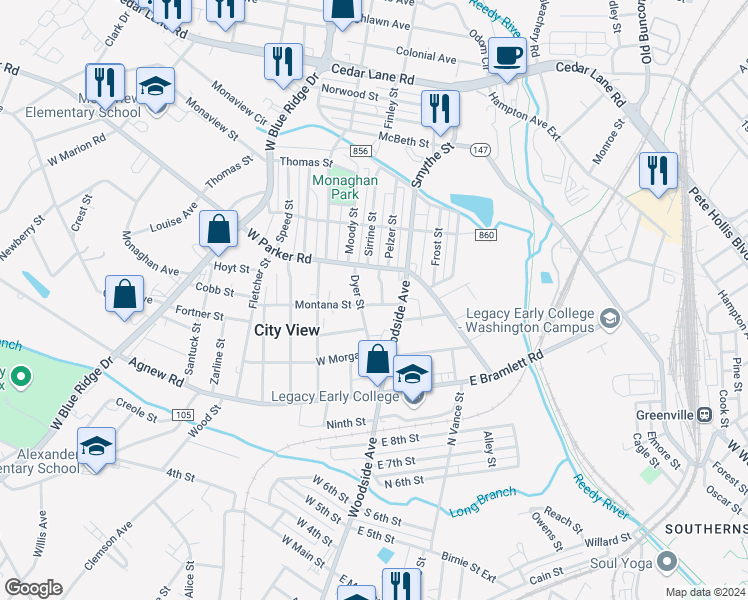 map of restaurants, bars, coffee shops, grocery stores, and more near 10 Montana Street in Greenville