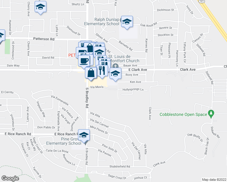 map of restaurants, bars, coffee shops, grocery stores, and more near 1150 Via Mavis in Santa Maria