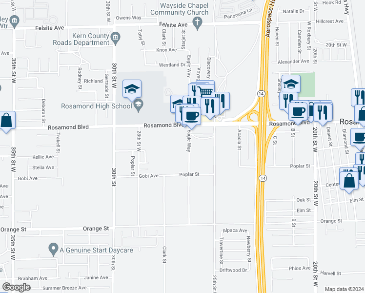 map of restaurants, bars, coffee shops, grocery stores, and more near 2885 Eagle Way in Rosamond