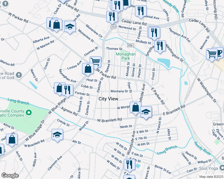 map of restaurants, bars, coffee shops, grocery stores, and more near 206 Henderson Street in Greenville