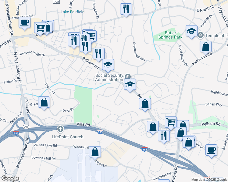map of restaurants, bars, coffee shops, grocery stores, and more near 103 Inglewood Way in Greenville
