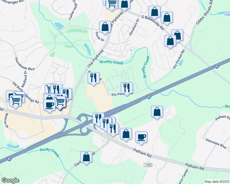 map of restaurants, bars, coffee shops, grocery stores, and more near 855-951 Crestmont Way in Greenville