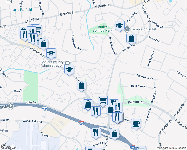 map of restaurants, bars, coffee shops, grocery stores, and more near 103 Caledon Court in Greenville