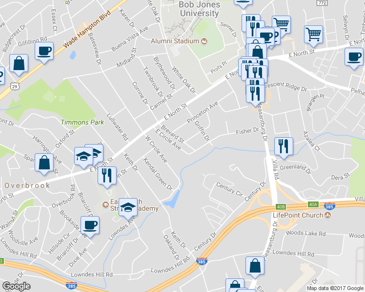 map of restaurants, bars, coffee shops, grocery stores, and more near 35 East Circle Avenue in Greenville