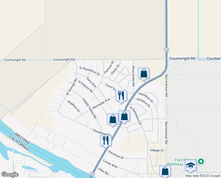 map of restaurants, bars, coffee shops, grocery stores, and more near 10136 Carol Drive in Mohave Valley
