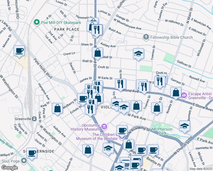map of restaurants, bars, coffee shops, grocery stores, and more near 319 West Earle Street in Greenville