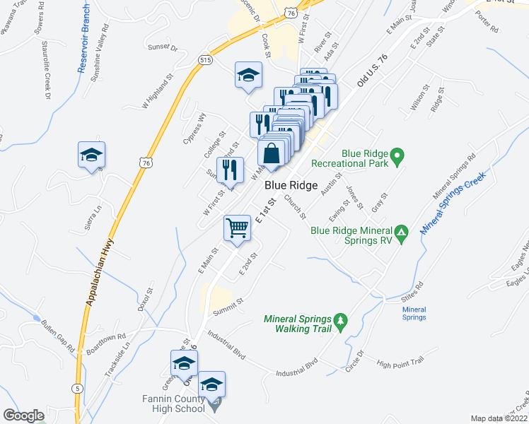 map of restaurants, bars, coffee shops, grocery stores, and more near East 1st Street in Blue Ridge