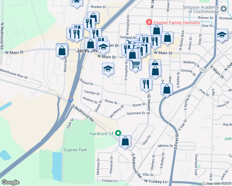 map of restaurants, bars, coffee shops, grocery stores, and more near 1320 School Drive in Jacksonville