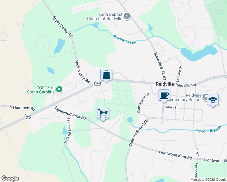 map of restaurants, bars, coffee shops, grocery stores, and more near 7585 Reidville Road in Woodruff