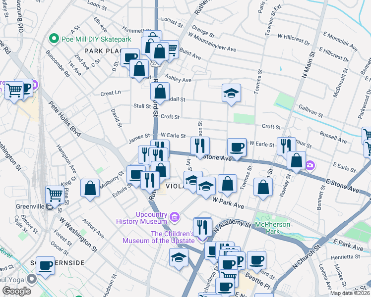 map of restaurants, bars, coffee shops, grocery stores, and more near 319 West Earle Street in Greenville