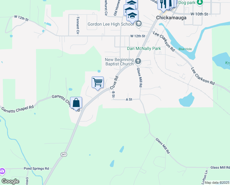 map of restaurants, bars, coffee shops, grocery stores, and more near 106 B Street in Chickamauga