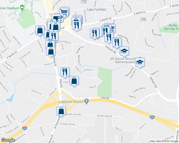 map of restaurants, bars, coffee shops, grocery stores, and more near 20 Conway Drive in Greenville
