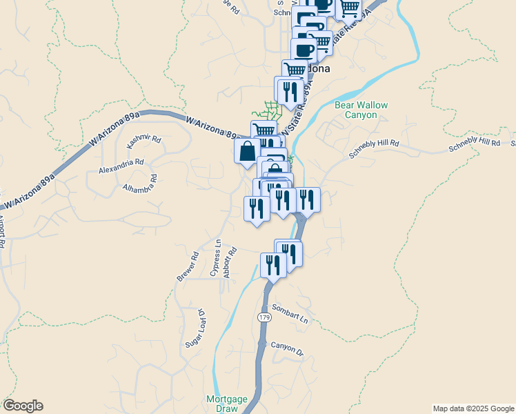 map of restaurants, bars, coffee shops, grocery stores, and more near 91 Portal Lane in Sedona