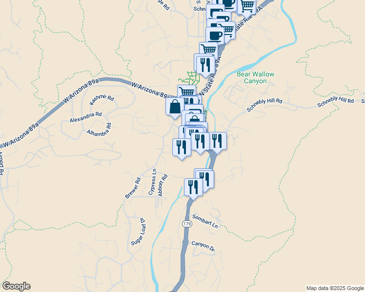 map of restaurants, bars, coffee shops, grocery stores, and more near 91 Portal Lane in Sedona