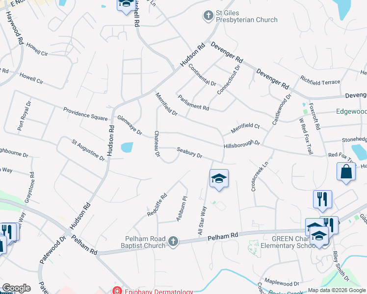 map of restaurants, bars, coffee shops, grocery stores, and more near 21 Seabury Drive in Greenville