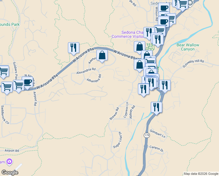 map of restaurants, bars, coffee shops, grocery stores, and more near 8 Camielle Court in Sedona