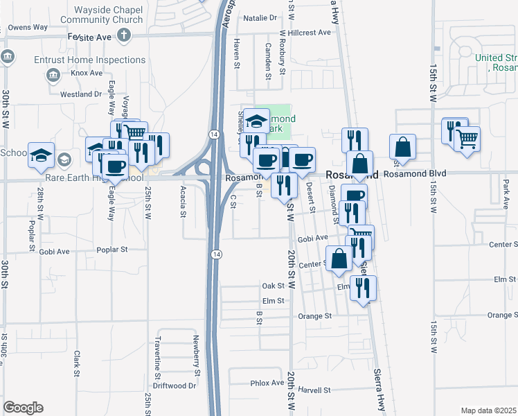 map of restaurants, bars, coffee shops, grocery stores, and more near 2897 B Street in Rosamond