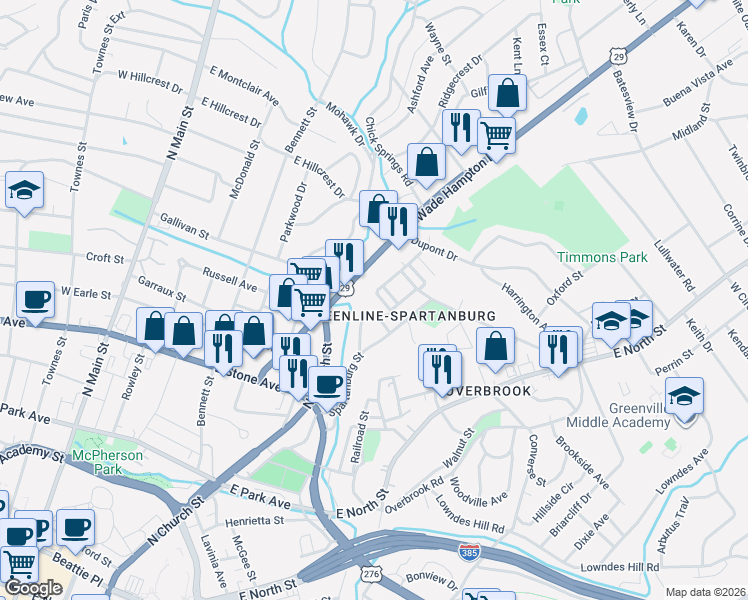 map of restaurants, bars, coffee shops, grocery stores, and more near 115 Mount Eustis Street in Greenville
