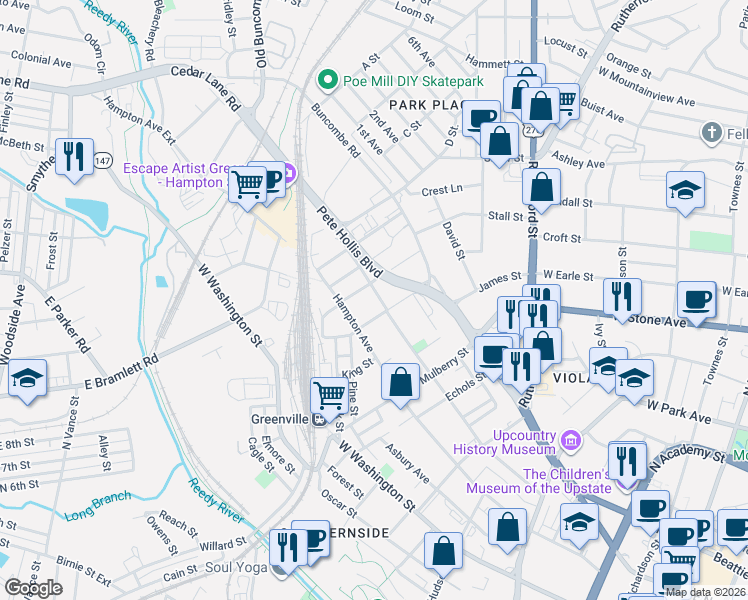 map of restaurants, bars, coffee shops, grocery stores, and more near 513 Pinckney Street in Greenville
