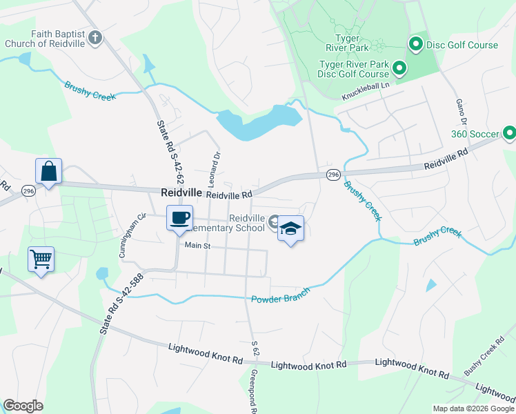 map of restaurants, bars, coffee shops, grocery stores, and more near 104 Gaston Drive in Woodruff