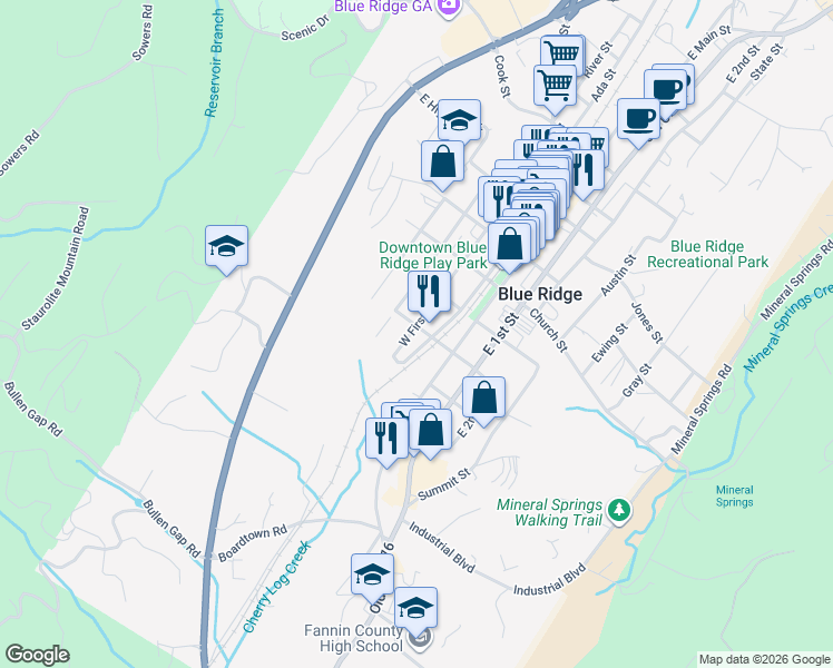 map of restaurants, bars, coffee shops, grocery stores, and more near 520 West Main Street in Blue Ridge