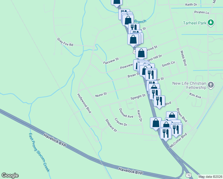 map of restaurants, bars, coffee shops, grocery stores, and more near 206 Nunn Street in Havelock